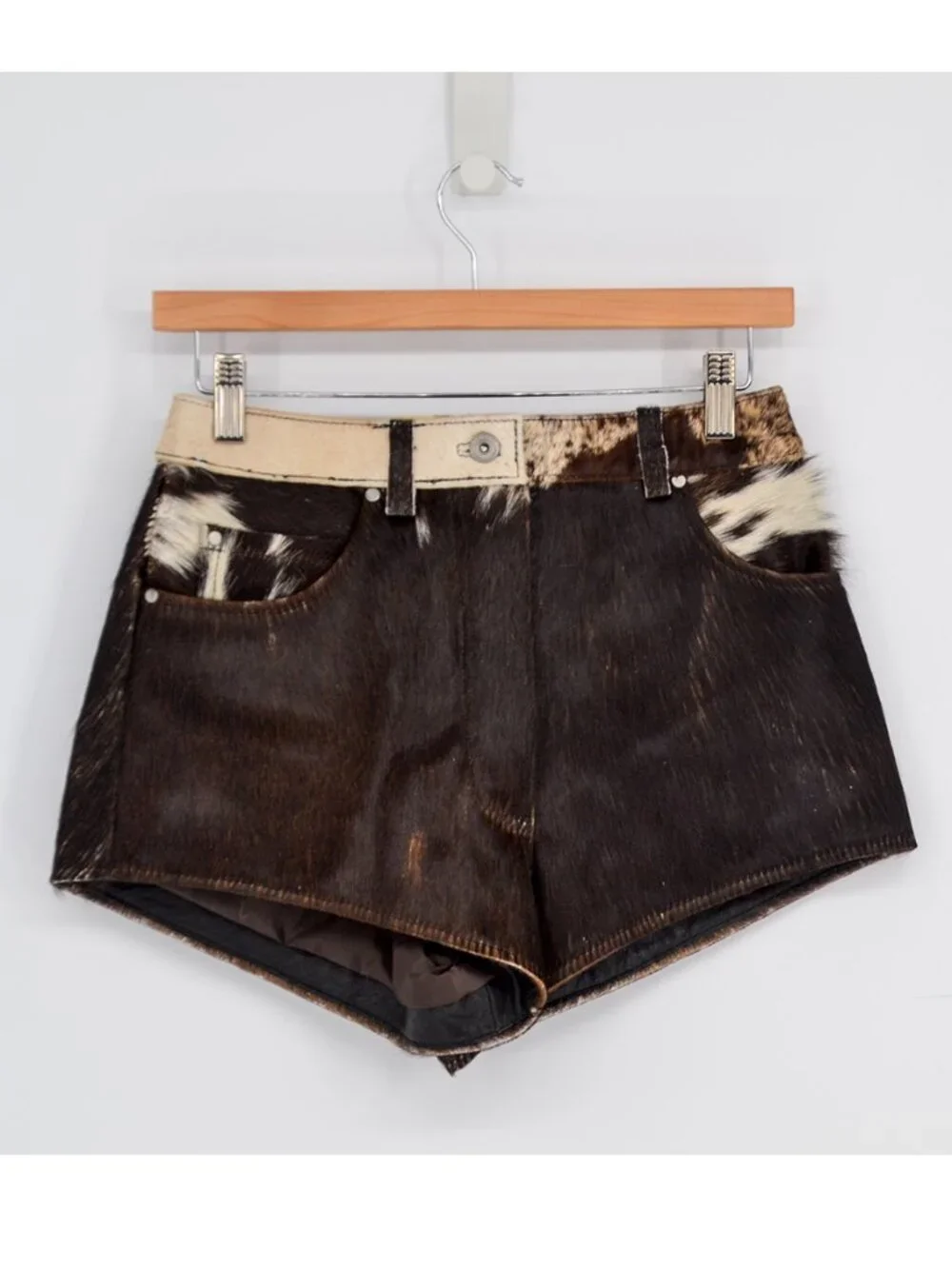 Nasty Gal Animal Print Cow Hide Leather Shorts 4 Brown Cream Western
